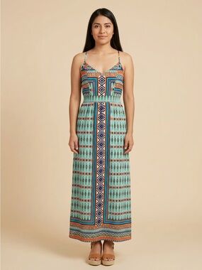 MYAN | Coloful Geo-Print Spaghetti-Strap Maxi Dress Sz